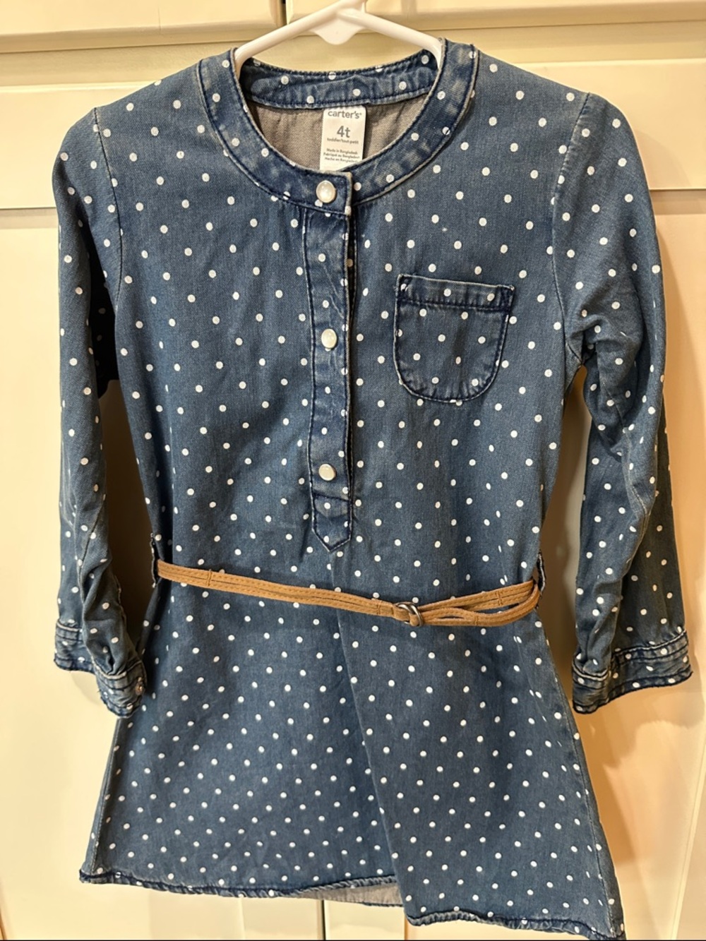 Toddler girls 4T Carter's Blue Polka Dot Denim-Look Dress with Tan Belt.